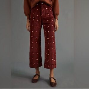 Anthropologie Maeve Rare CHERRY Icon Embroidered Corduroy Colette Pants 26